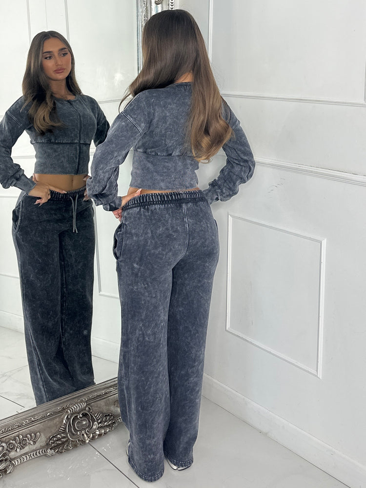 Cropped Zip Up Acid Wash Tracksuit - Charcoal Grey