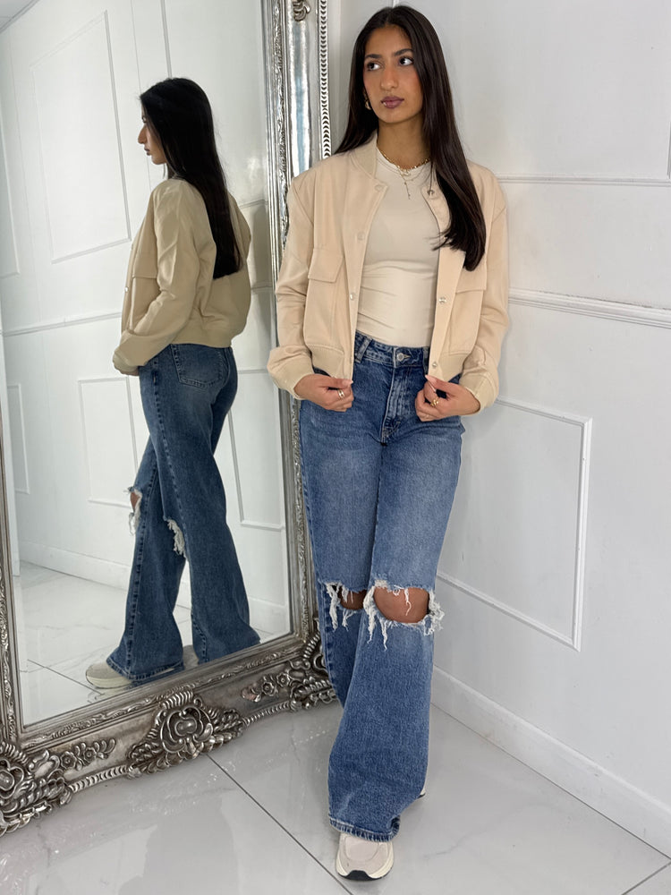 Cropped Pocket Detail Bomber Jacket - Cream