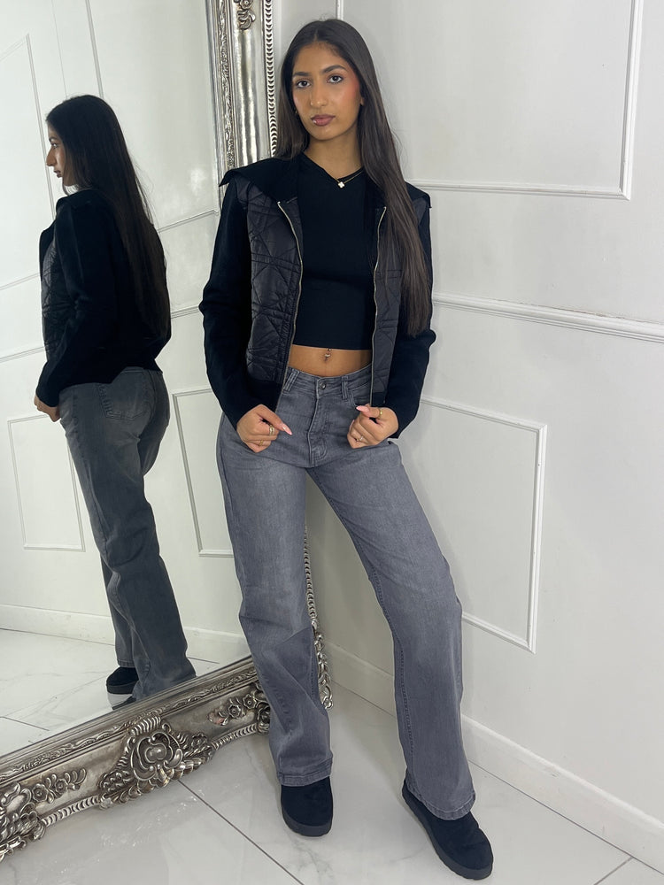 Ribbed Sleeve Padded Jacket - Black