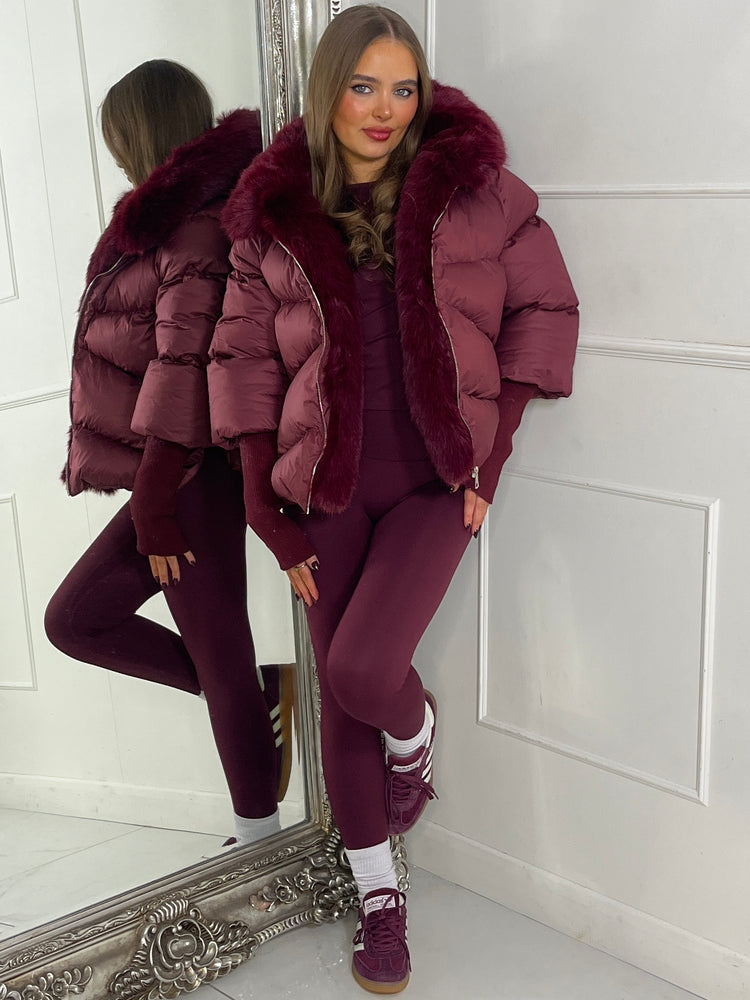 Hooded Puffer Coat With Faux Fur Trim - Wine