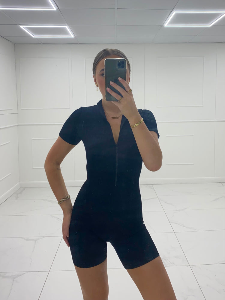 Short Sleeve Zip Front Unitard - Black