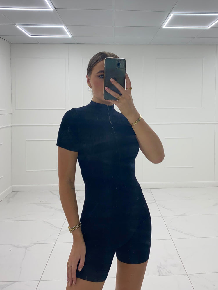 Short Sleeve Zip Front Unitard - Black