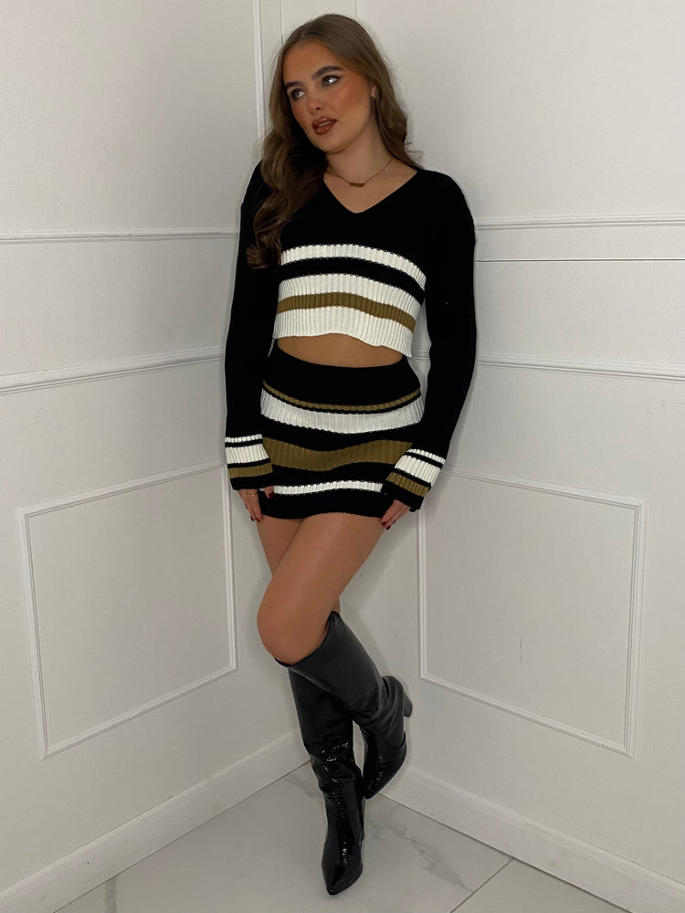 Striped Cropped Knitted Jumper & Skirt Set - Black/Brown Contrast