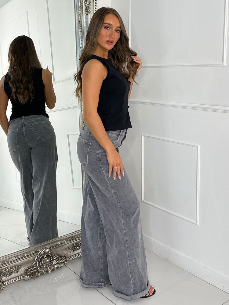 Button Slit Front Detail Top - Black