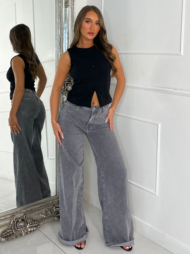 Button Slit Front Detail Top - Black