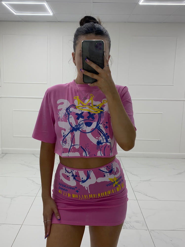 Crown Teddy Print T-Shirt Co-Ord - Pink