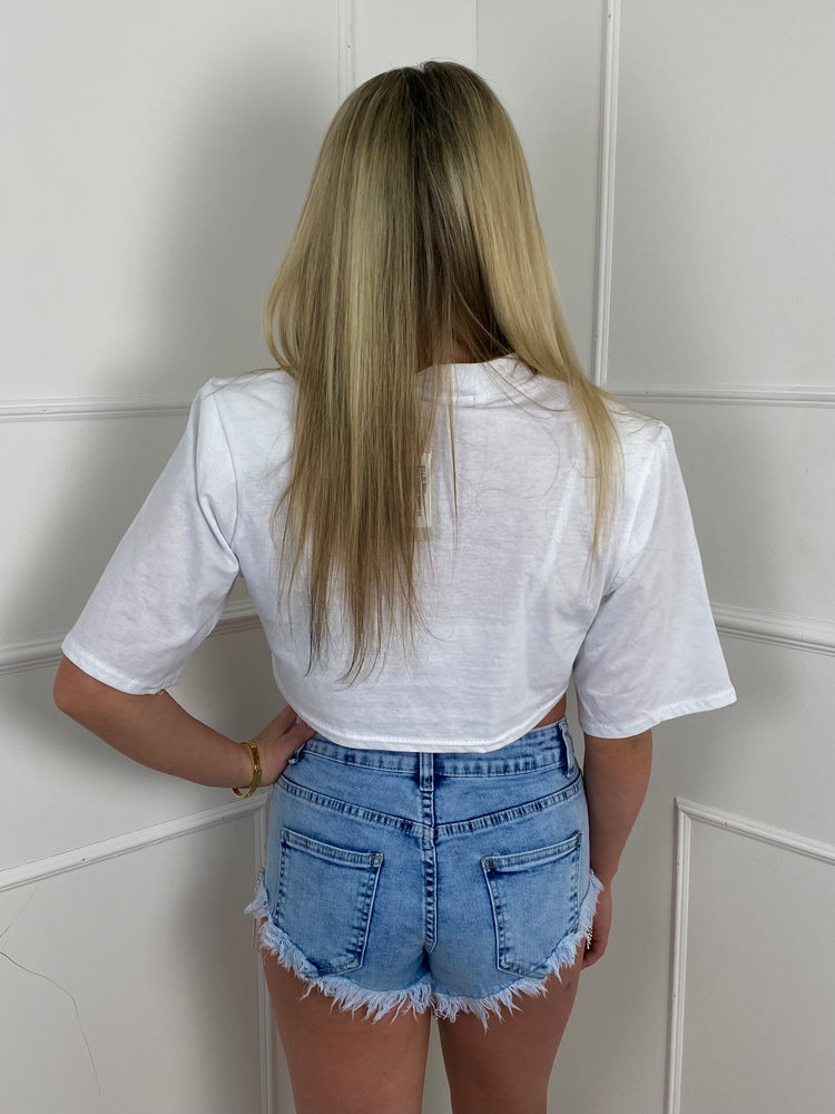 Diamante Trim Low Waisted Denim Shorts - Blue