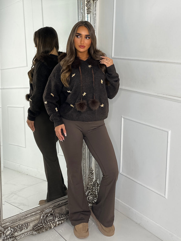 Fur Hooded Pom Pom Gold Jewelled Detail Jumper - Brown