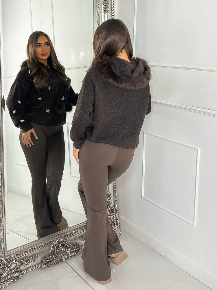 Fur Hooded Pom Pom Gold Jewelled Detail Jumper - Brown