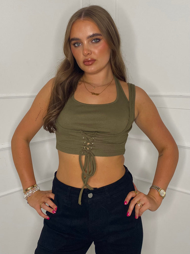 Lace Up Detail Crop Top - Khaki