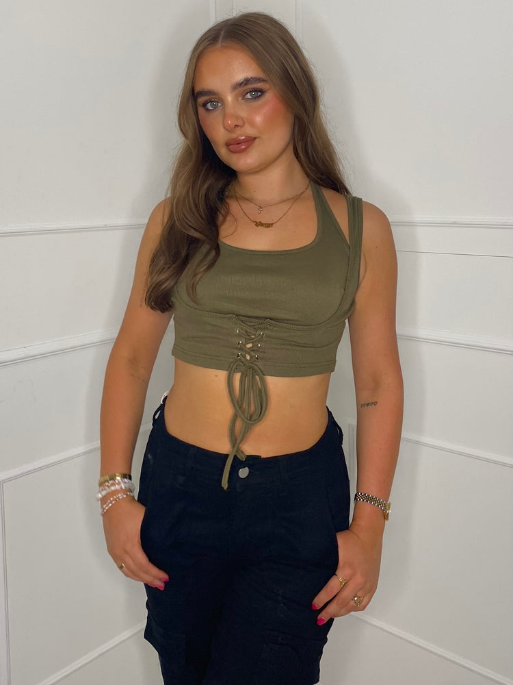 Lace Up Detail Crop Top - Khaki