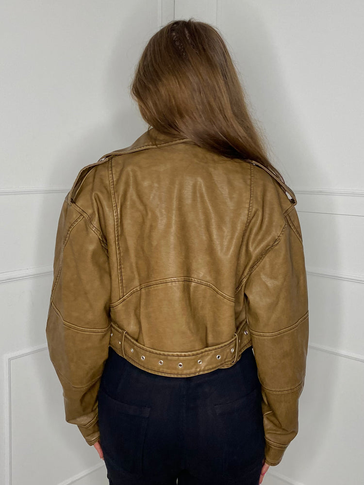 Pu Leather Acid Wash Buckle Detail Jacket - Brown