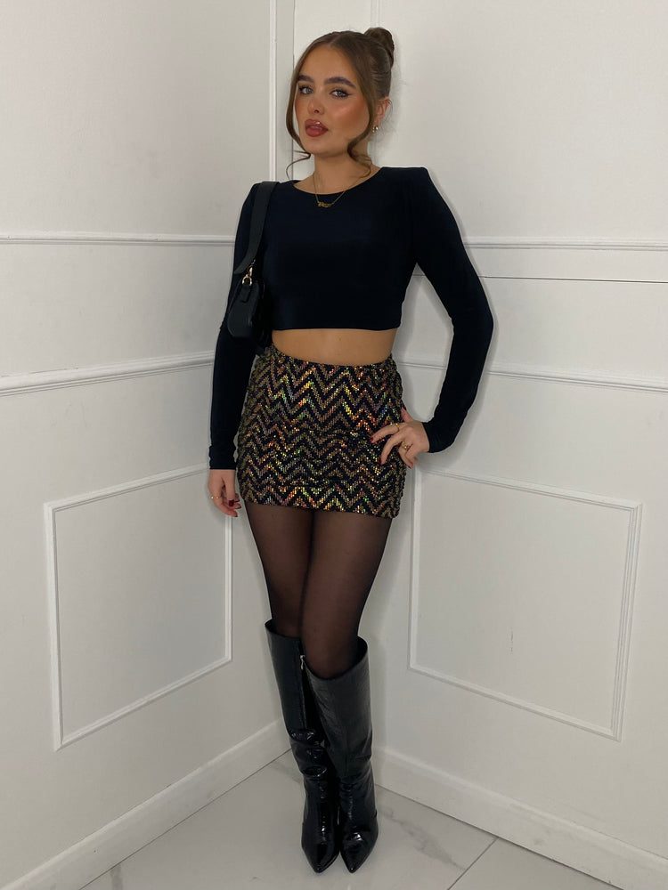 Zigzag Sequin Ruched Back Skirt - Gold Zigzag