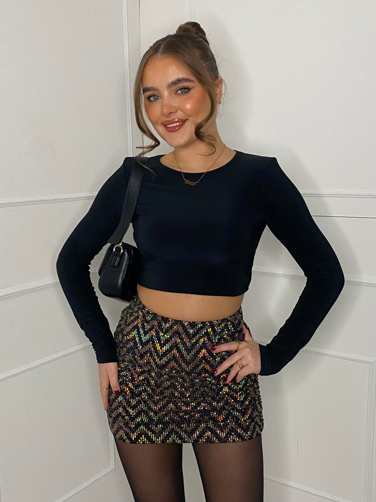 Zigzag Sequin Ruched Back Skirt - Gold Zigzag