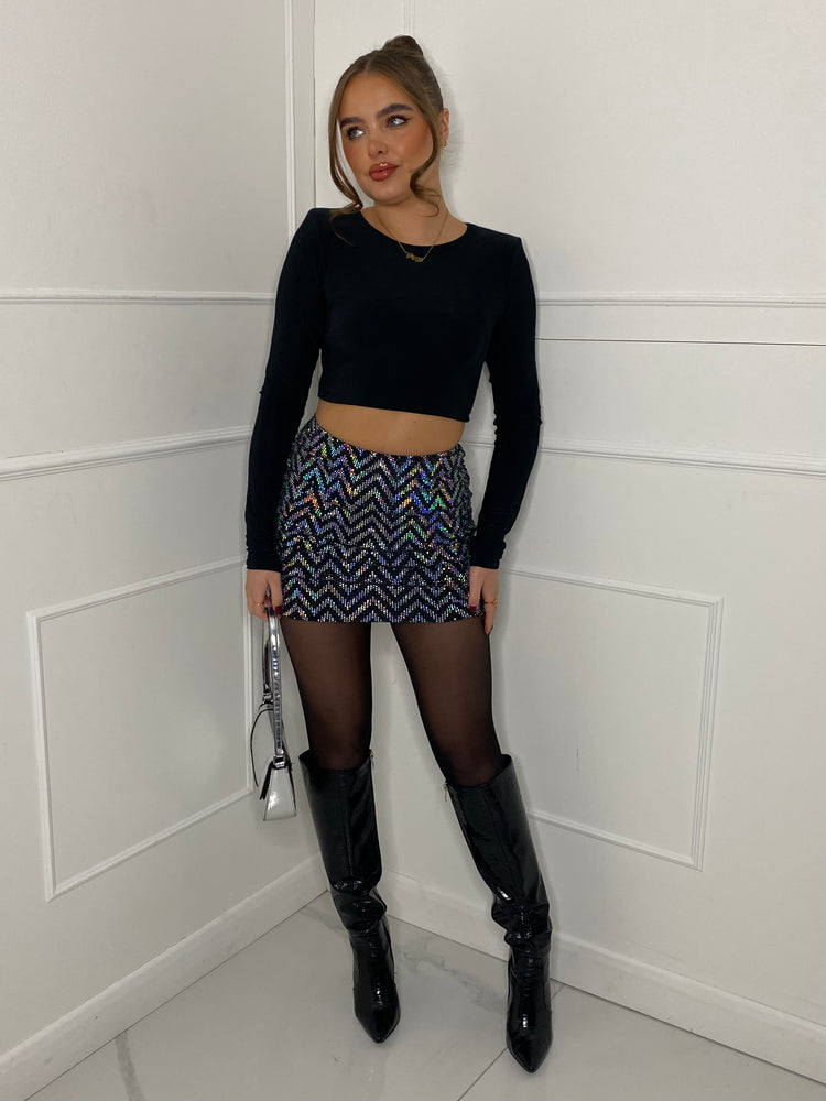 Zigzag Sequin Ruched Back Skirt - Silver Zigzag