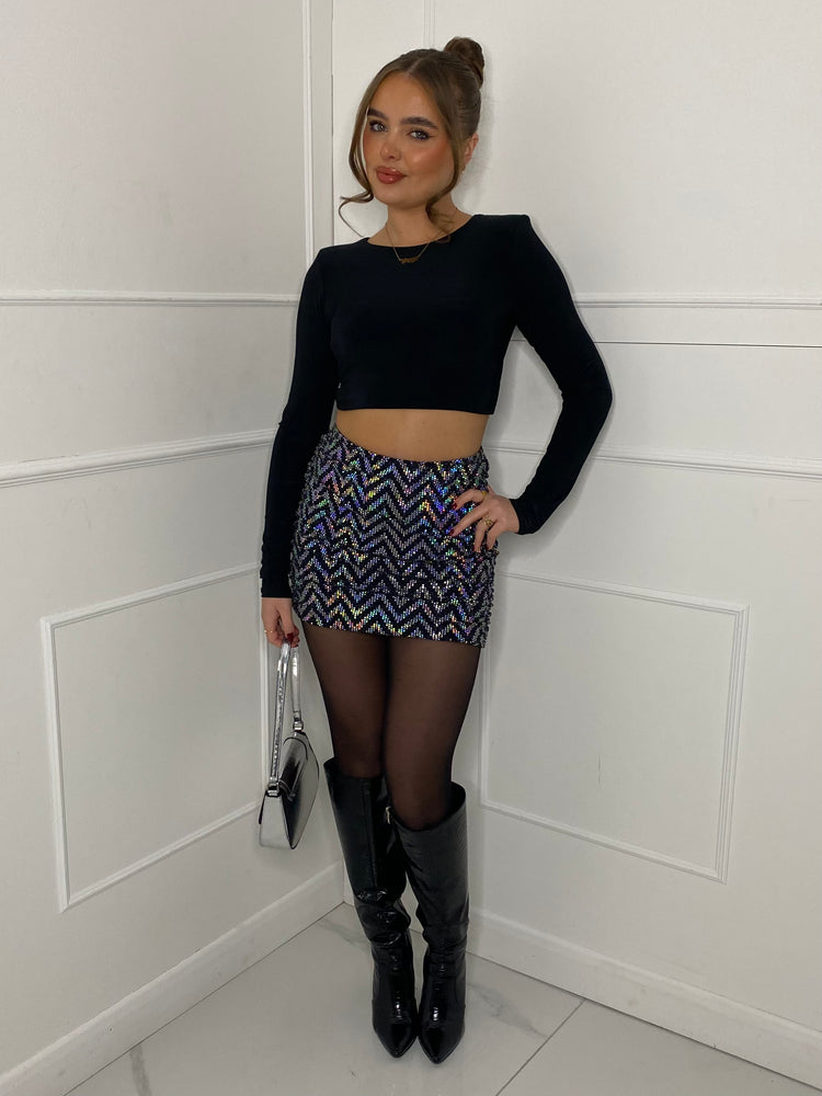 Zigzag Sequin Ruched Back Skirt - Silver Zigzag