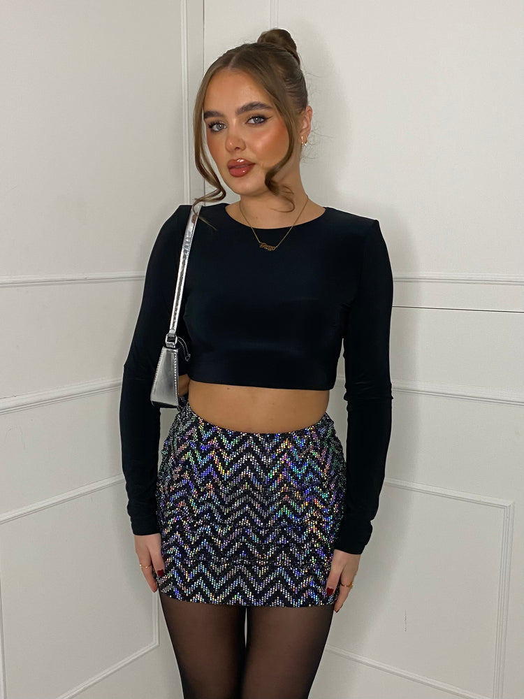 Zigzag Sequin Ruched Back Skirt - Silver Zigzag