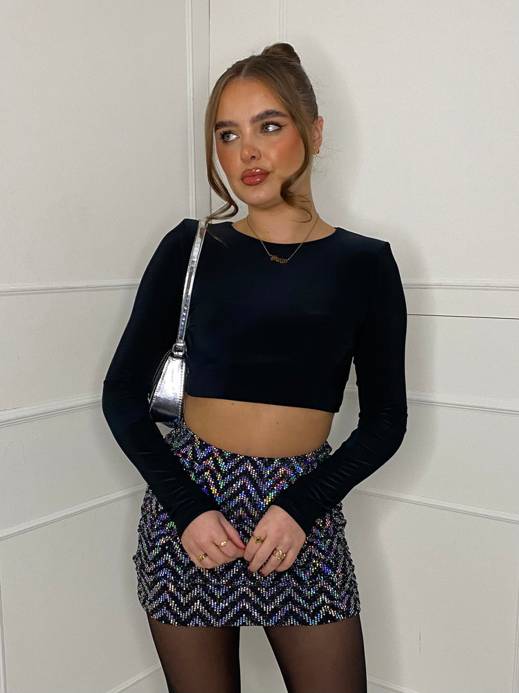 Zigzag Sequin Ruched Back Skirt - Silver Zigzag