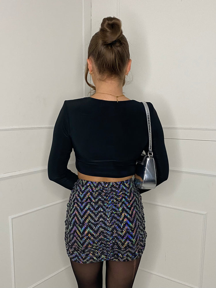Zigzag Sequin Ruched Back Skirt - Silver Zigzag