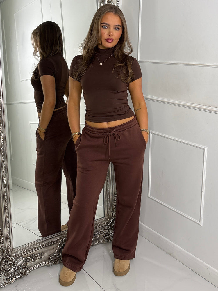 High Neck Short Sleeve Top Second Skin - Brown