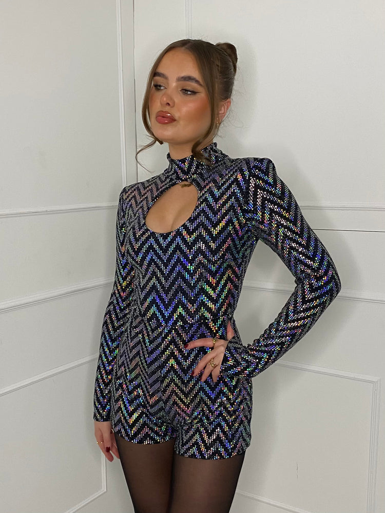 Zigzag Sequin Keyhole Padded Shoulder Playsuit - Silver Zigzag