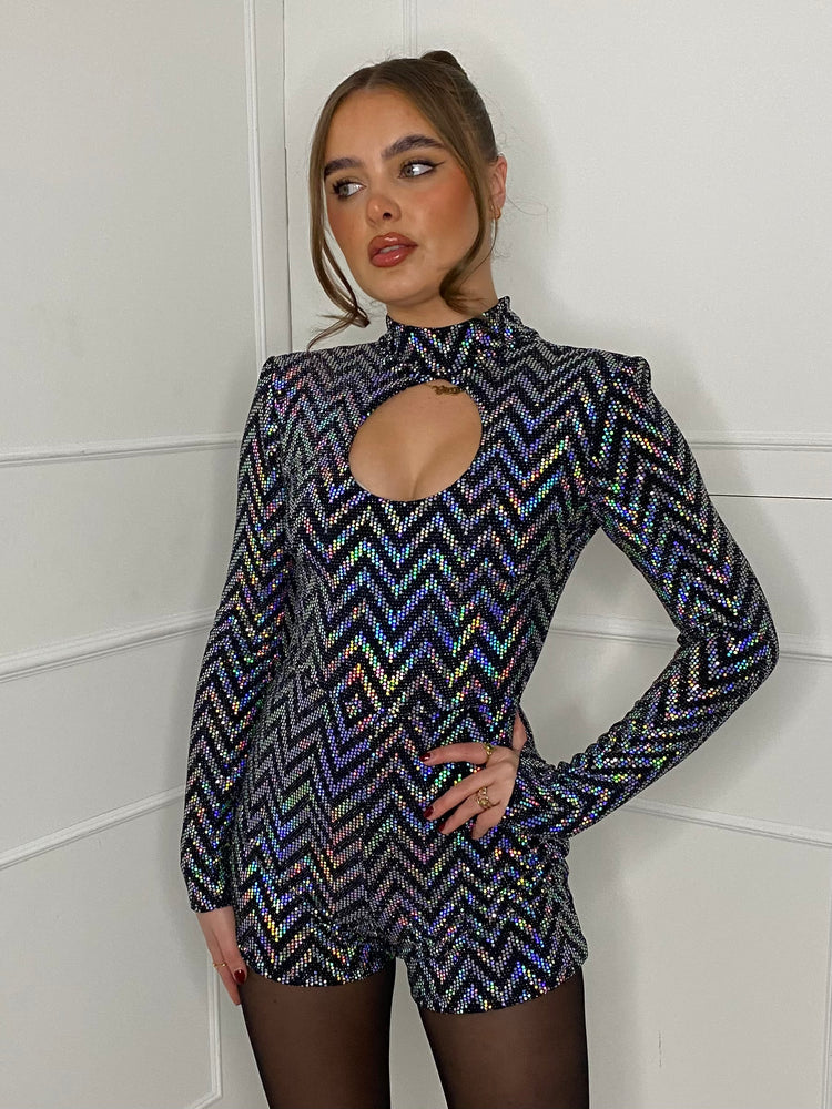 Zigzag Sequin Keyhole Padded Shoulder Playsuit - Silver Zigzag