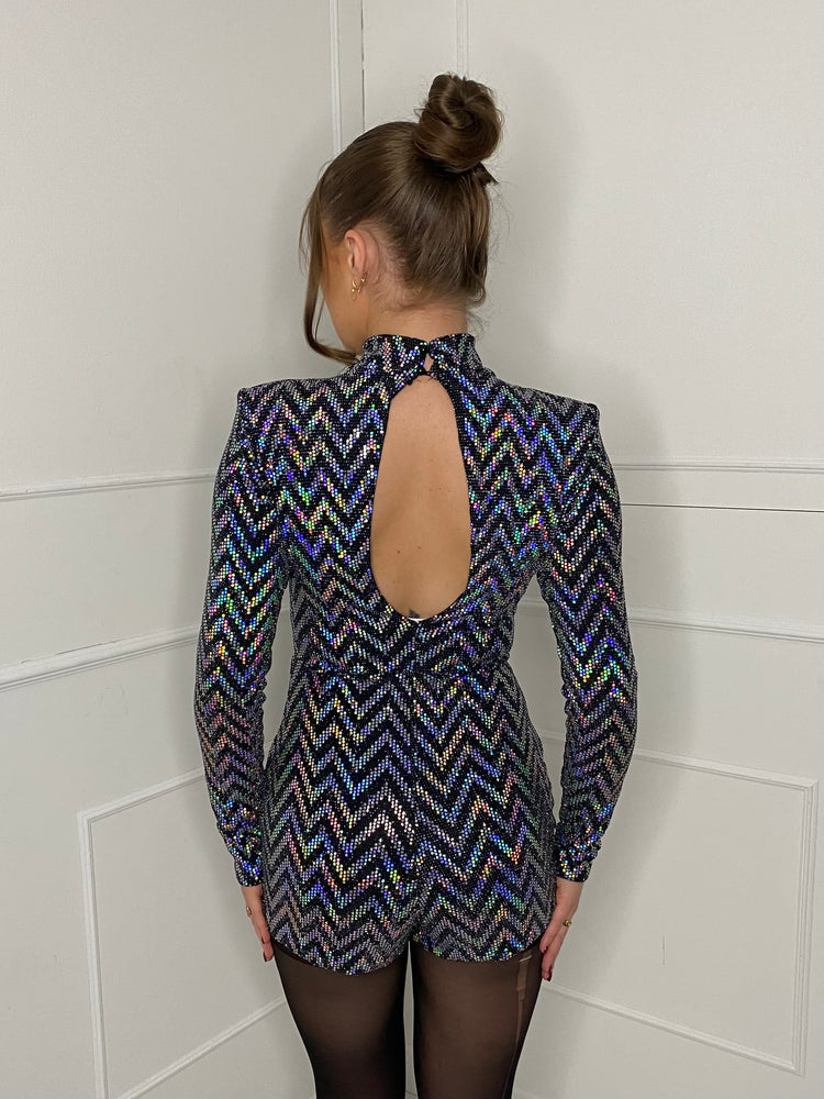 Zigzag Sequin Keyhole Padded Shoulder Playsuit - Silver Zigzag