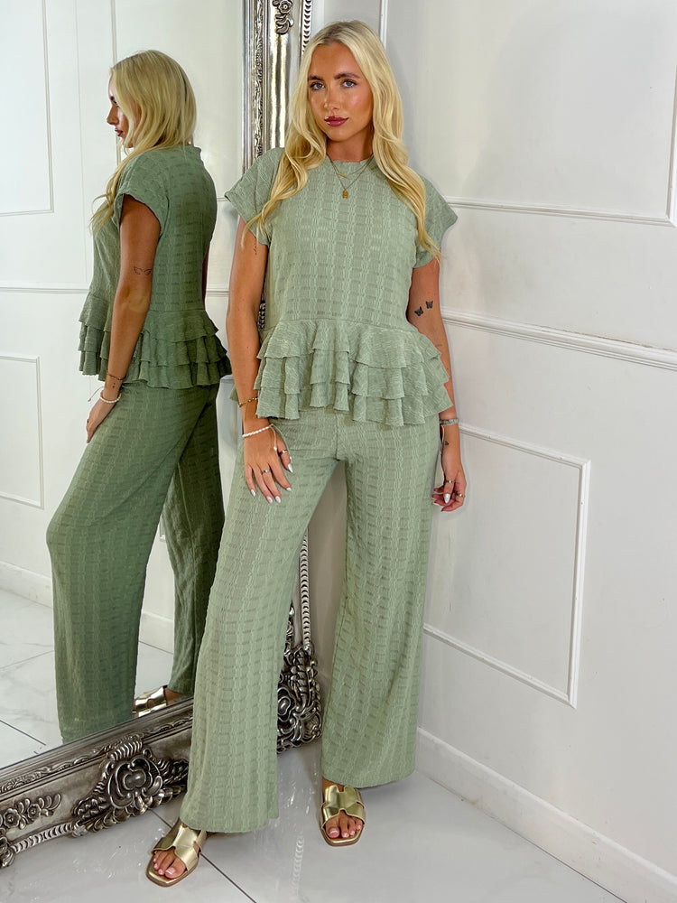 Cheesecloth Oversized Frill Bottom Top & Wide Leg Pants Co-Ord - Sage Green