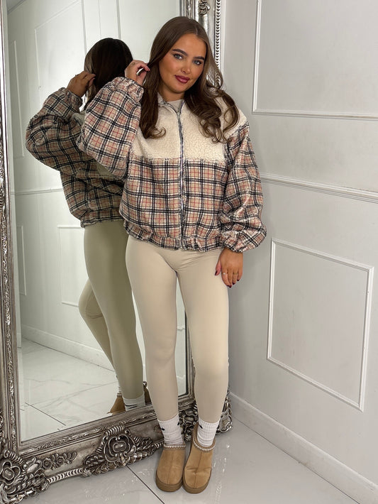 Zip Up 1/2 Printed Fleece Jacket - Beige/Check Print
