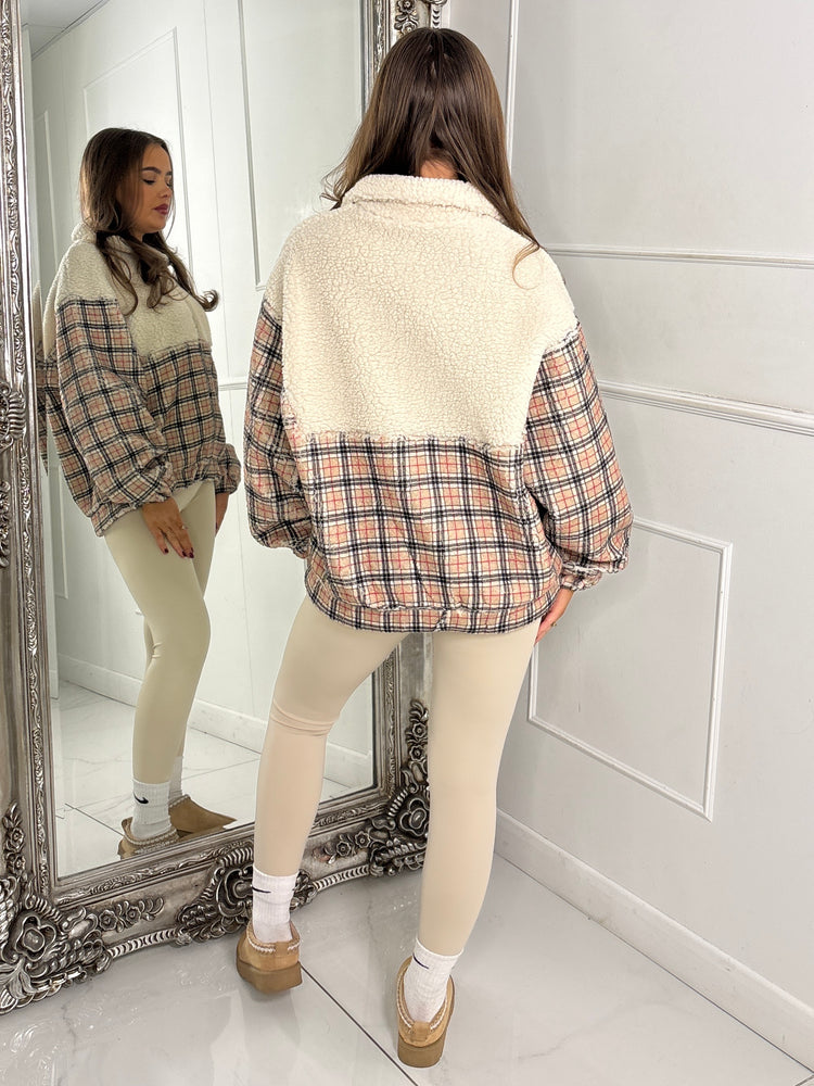 Zip Up 1/2 Printed Fleece Jacket - Beige/Check Print