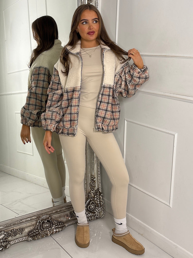 Zip Up 1/2 Printed Fleece Jacket - Beige/Check Print