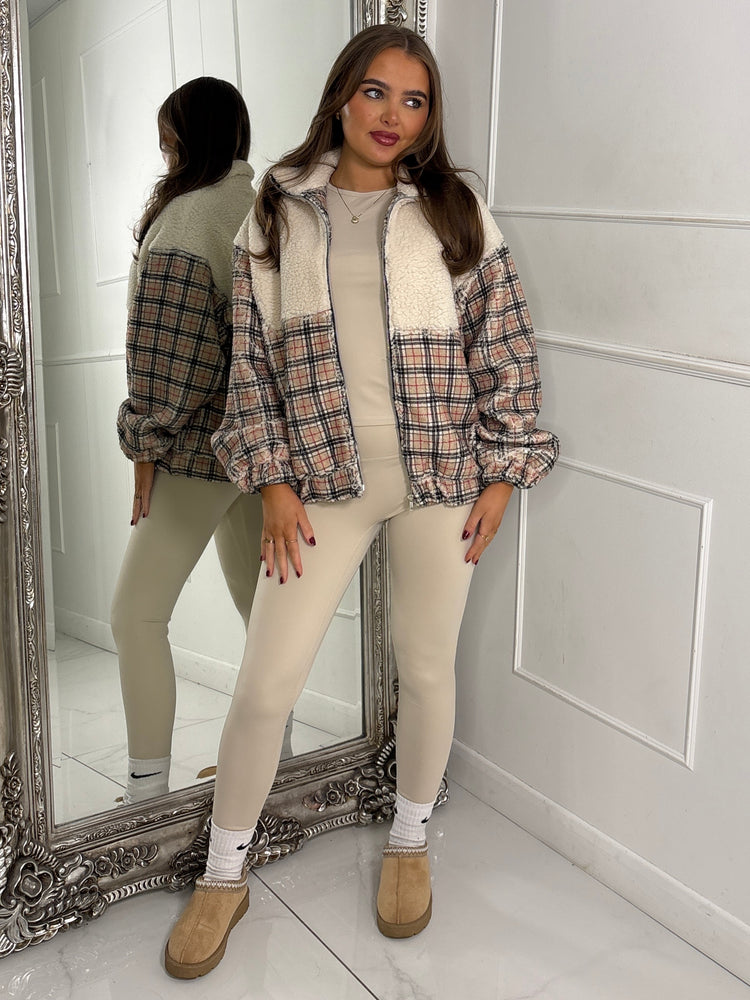 Zip Up 1/2 Printed Fleece Jacket - Beige/Check Print