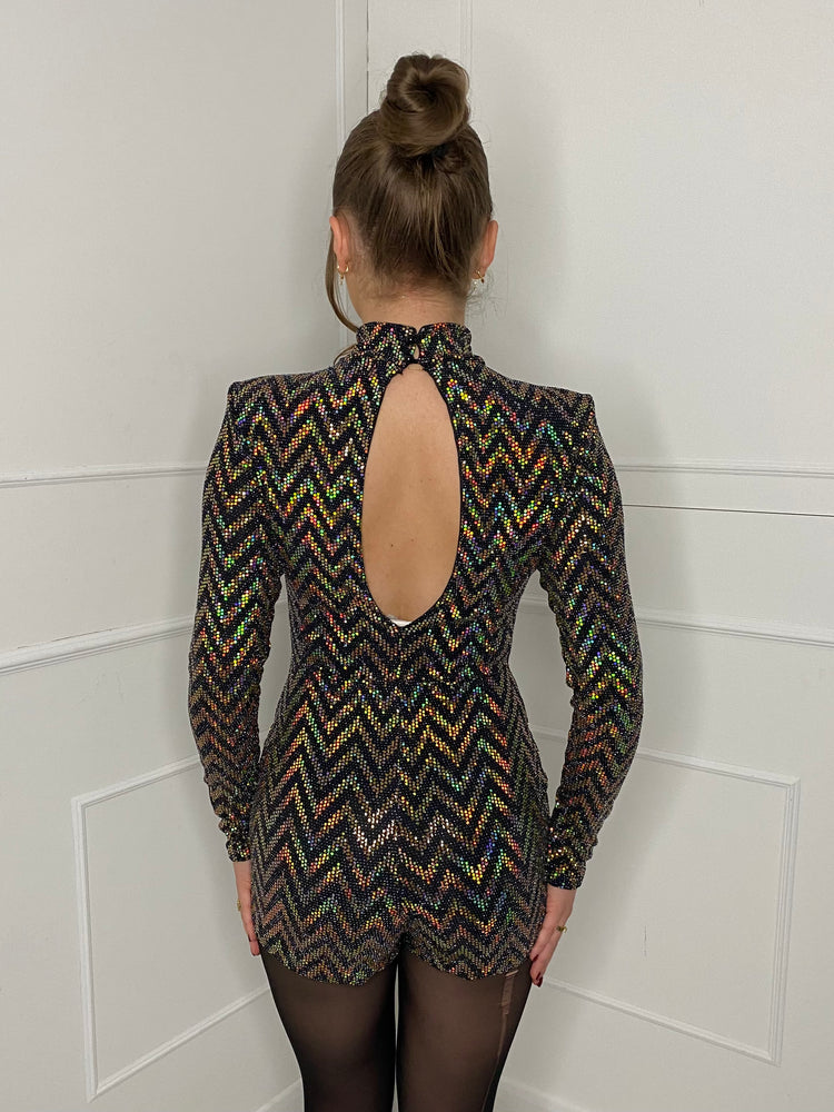 Zigzag Sequin Keyhole Padded Shoulder Playsuit - Gold Zigzag