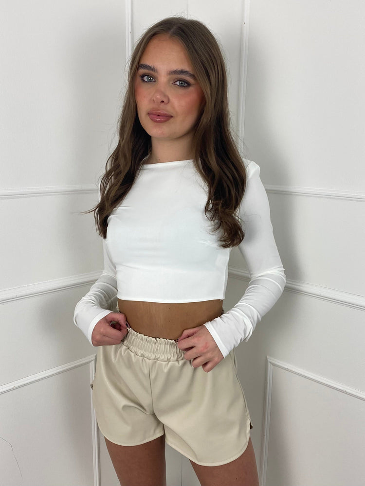 Padded Shoulder Long Sleeve Crop Top - White