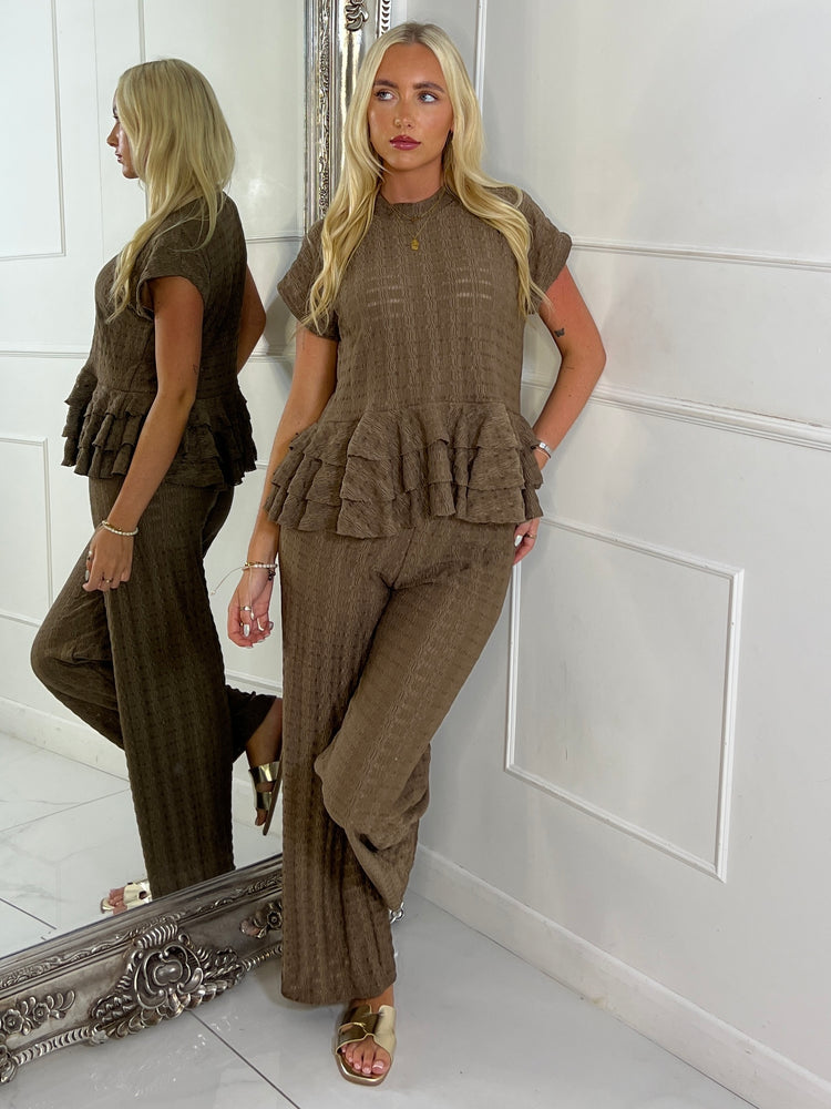 Cheesecloth Oversized Frill Bottom Top & Wide Leg Pants Co-Ord - Chocolate