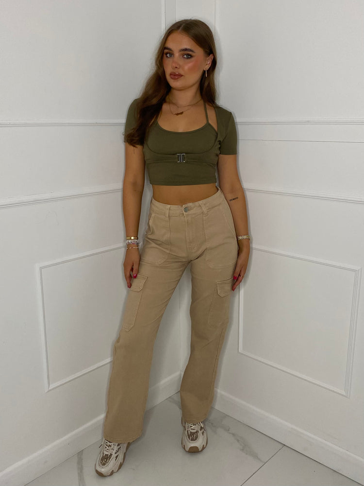 Clasp Detail Crop Top - Khaki