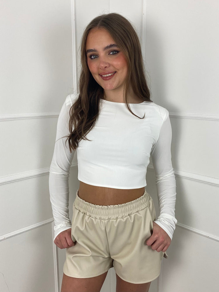Padded Shoulder Long Sleeve Crop Top - White