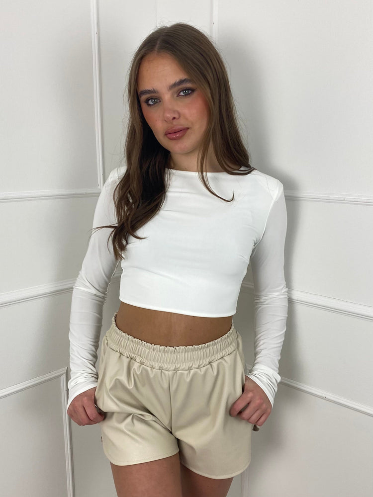Padded Shoulder Long Sleeve Crop Top - White