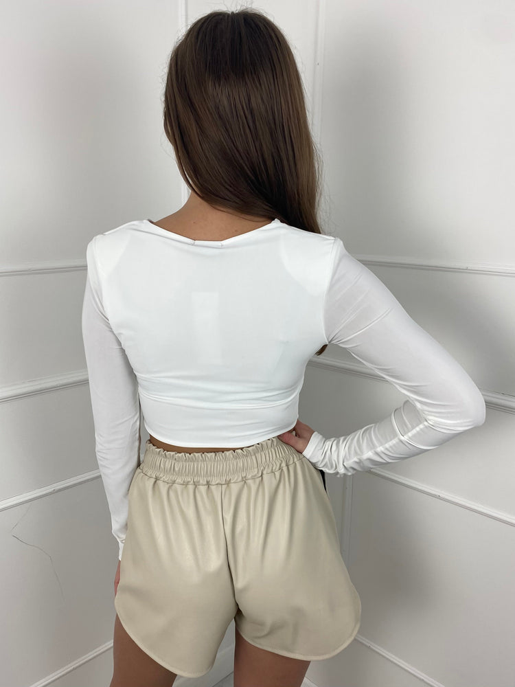 Padded Shoulder Long Sleeve Crop Top - White