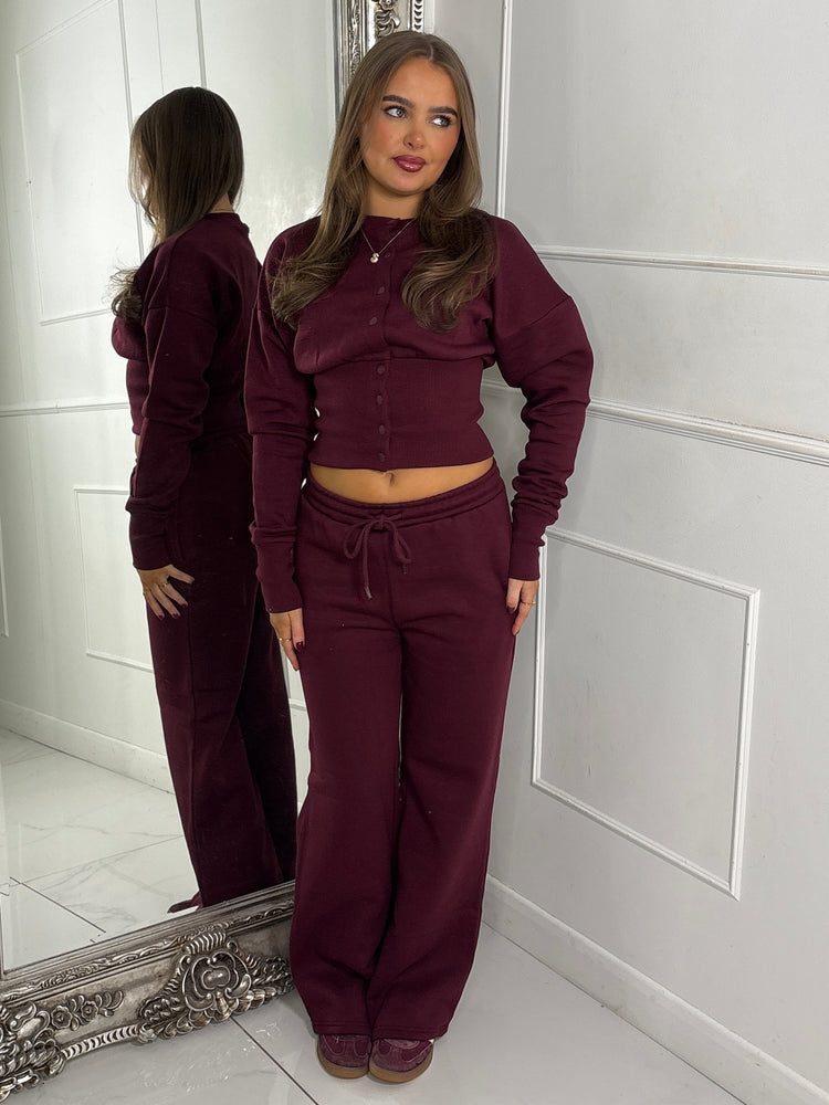 Button Up Cinch Waist Tracksuit - Wine