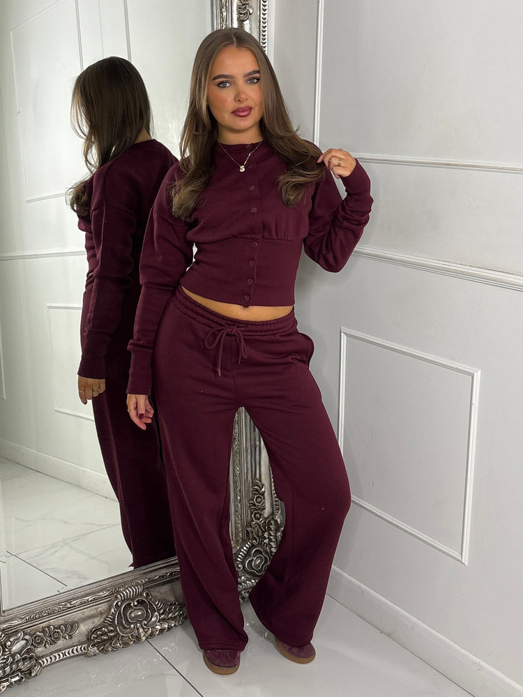 Button Up Cinch Waist Tracksuit - Wine