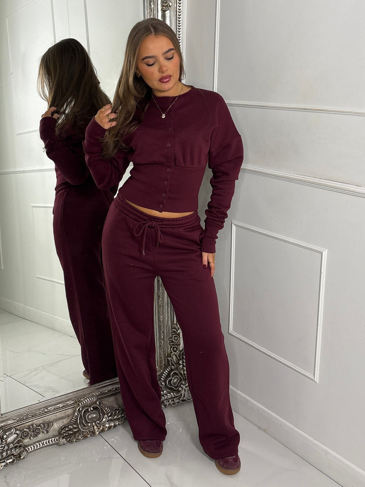 Button Up Cinch Waist Tracksuit - Wine