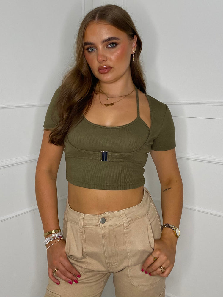 Clasp Detail Crop Top - Khaki