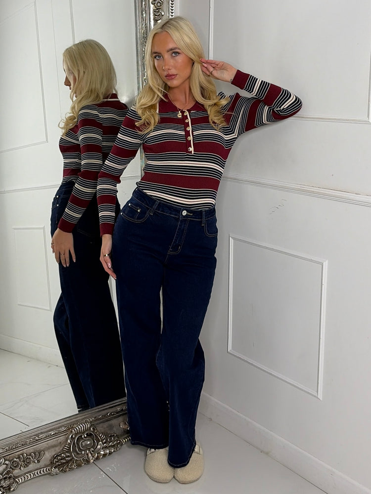 Collared Gold Button Striped Bodysuit - Wine