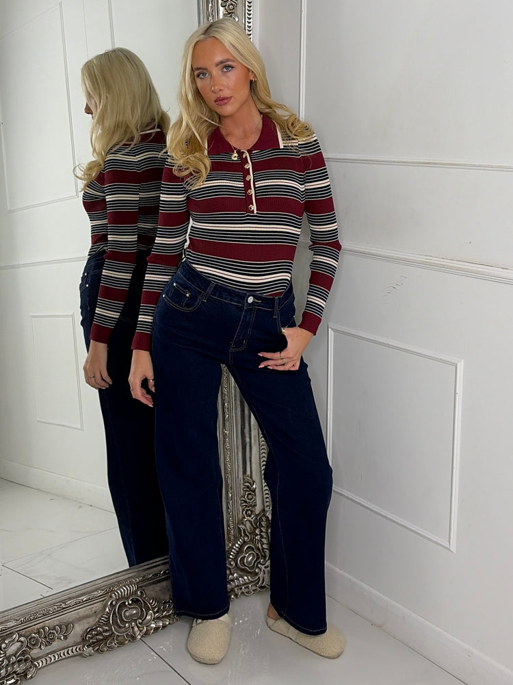 Collared Gold Button Striped Bodysuit - Wine