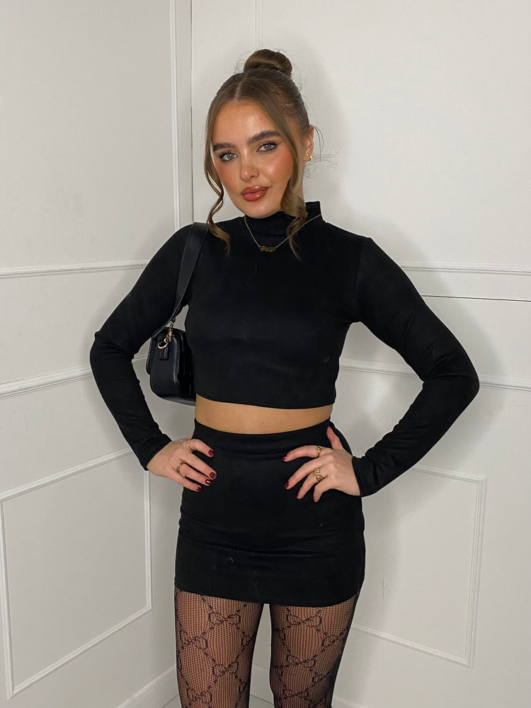 Suede High Neck Skirt Co-ord - Black