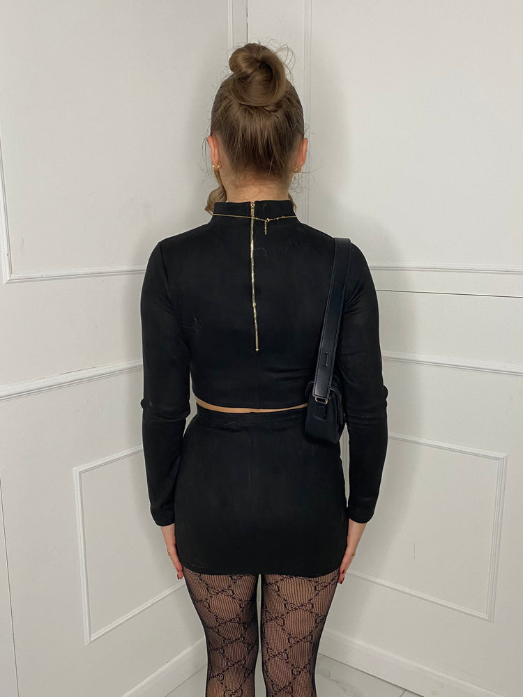 Suede High Neck Skirt Co-ord - Black