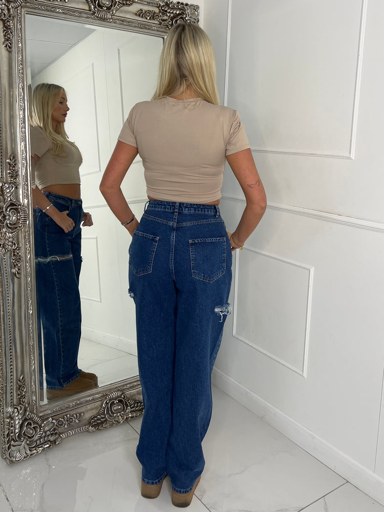 Side Rip Baggy Denim Jeans - Blue