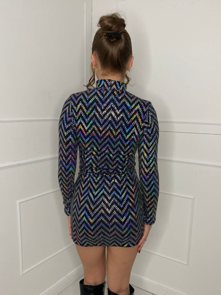 Zigzag Sequin Padded Shoulder Dress - Silver Zigzag
