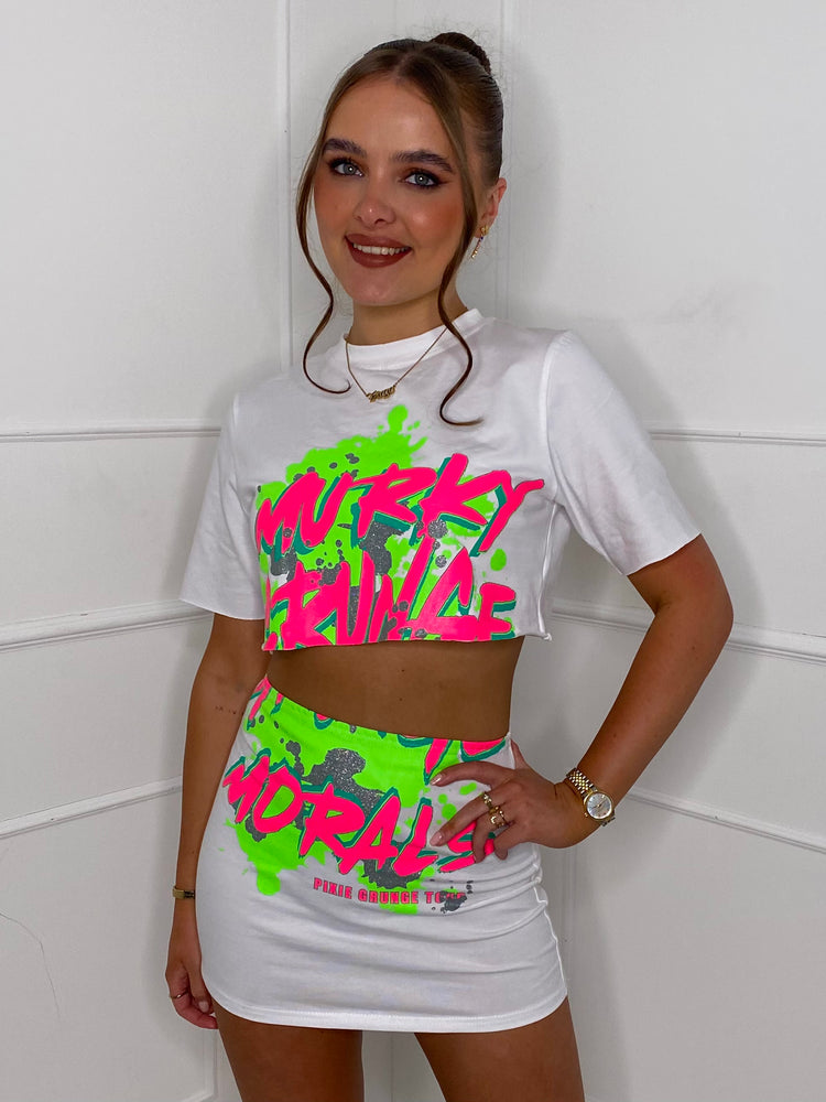 Green Splash Print T-Shirt Co-Ord - White